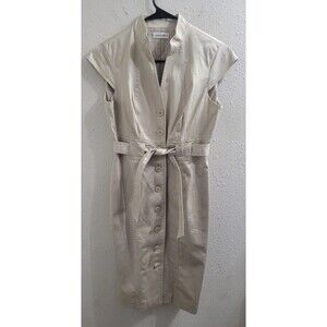 Calvin Klein Safari Khaki Cotton Spandex Belted Button Down Dress Sz 4